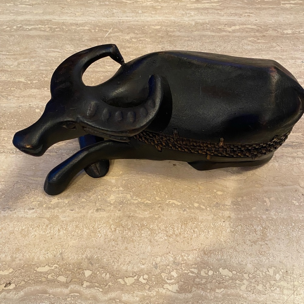 Wooden Hand Carved Bull Ox Figurine Man cave Trinket Jewelry Box